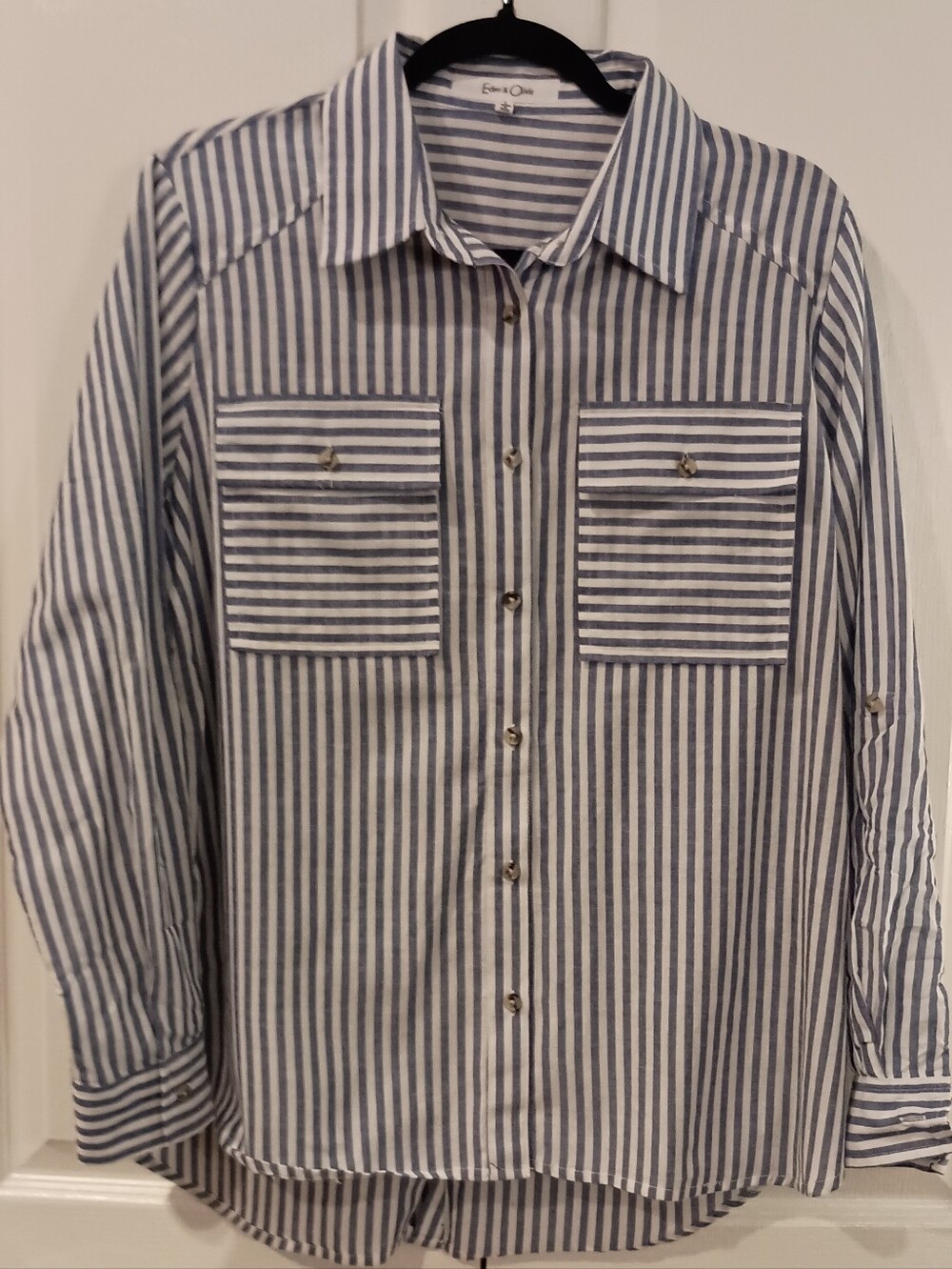 Eden & Olivia Navy and White Striped Button-Down Shirt - Picture 2 of 16